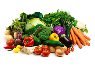 Image showing Agriculture, groceries and vegetables in studio for healthy diet, organic food and fresh produce. Harvest, nutrition and pile of natural products for vegan lifestyle, sustainability and wellness