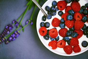 Image showing High angle, berries and bowl with yogurt, raspberry and blueberry for organic snack. Food, cuisine and lavender for health, wellness and diet for morning nutrition and antioxidant wellbeing in studio