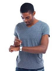 Image showing Pen, black man or screen on smart watch technology or planning for schedule isolated on white background, Studio, arm or African person on gadget or network for futuristic application or notification