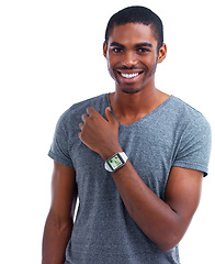 Image showing Portrait, smartwatch and black man with smile, screen and model isolated on a white studio background. Face, African person and guy with technology or check time with progress, tracker or digital app