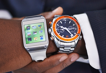 Image showing Business, person and smart watch or screen icon for futuristic schedule or planning, interface or technology. Hands, wrist and networking for digital communication or online, display or corporate