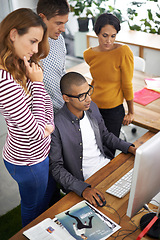 Image showing Startup, casual and laptop with employees at desk, teamwork and digital branding or design on tech or computer. Happy, people and creative for designer company or agency, collaboration and top view.