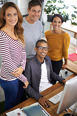Image showing Startup, casual and portrait of employees at desk, teamwork and digital branding or design on laptop or computer. Happy, people and creative for designer company or agency, collaboration and top view