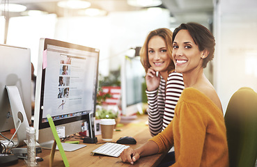 Image showing Computer, portrait and happy business women in office at table in startup company for creative career. Face, coworking and smile of team together, entrepreneur or professional web designer at desk