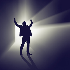 Image showing Abstract, silhouette and businessman in studio for celebration for good news or promotion. Illustration, light and shadow of professional person cheering for winning or success by black background.