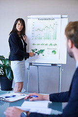 Image showing Businesswoman, presentation and conference room with charts for analytics report or growth, development or graphs. Female person, colleagues and company strategy or finance sales, meeting or teamwork