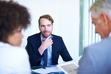 Image showing Collaboration, team and employees in meeting, presentation or listening in office, workspace or conference room. Workers, people and group with diversity in corporate career, finance or banking