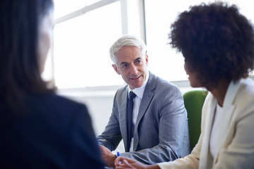 Image showing Business people, collaboration and meeting with discussion in office for corporate planning, networking and diversity. Professional, employees and teamwork in boardroom with talking and listening