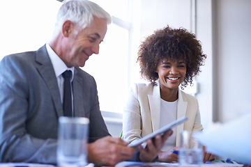 Image showing CEO, happy team and business people in training with tablet, teaching and internship in office. Manager, tech and senior mentor coaching woman, planning or diverse financial consultants in discussion