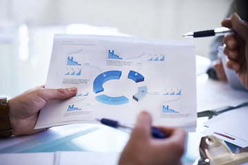 Image showing Hands, paperwork and graphs statistics for business meeting with chart analytics for company, growth or finance. People, documents and trading research for strategy review, summary or brainstorming