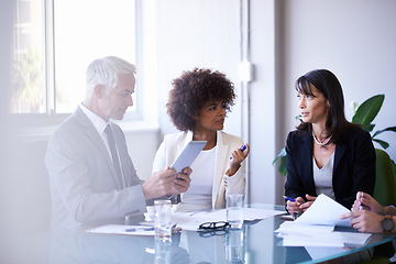 Image showing Business, people and meeting in conference room for strategy or collaboration for planning, partnership and conversation. Boardroom, corporate employees and reports for b2b discussion for company.