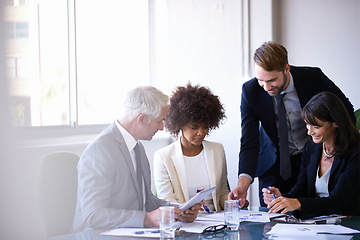 Image showing Corporate, people and meeting in conference room for strategy or collaboration for planning, partnership and conversation. Boardroom, Business employees and reports for b2b discussion for company.