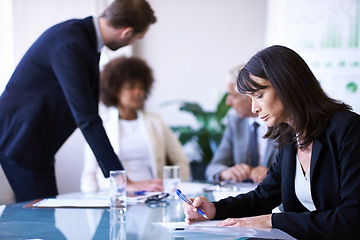 Image showing Woman, reading or paper in business, meeting or planning to work, company or strategy in teamwork. Businesswoman, colleague or team in conference room as professional, collaboration or diversity