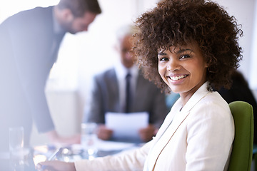 Image showing Happiness, employee and black woman with smile in office, portrait and business meeting for training. Worker, staff and female person in corporate company in career or job of bookkeeper in workplace