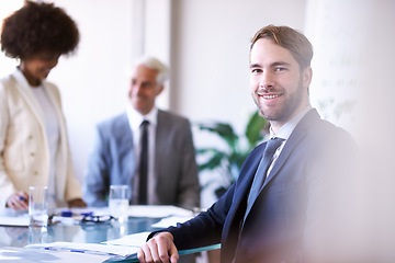 Image showing Meeting, employee and portrait of man with smile for new job or career in corporate company and office. Contract, paperwork and male person with happiness to sign for agreement to work in workplace