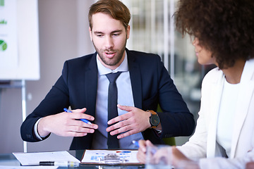 Image showing Partnership, workshop and team in meeting, presentation or listening in office, workspace or conference room. Workers, people and group with diversity in corporate career, finance or banking