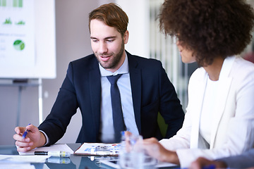 Image showing Business man, black woman and team in meeting, presentation or listening in office, workspace or conference room. Workers, people and group with diversity in corporate career, finance or banking