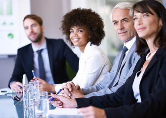 Image showing Boardroom, group and business people in a meeting, planning and teamwork with brainstorming and feedback. Staff, accountant and broker with financial adviser and ideas with professional and corporate