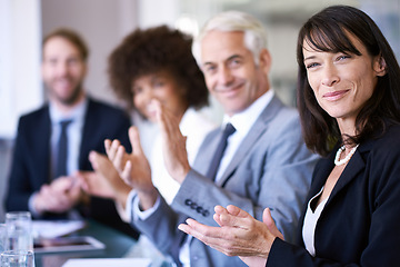 Image showing Portrait, woman or applause in business, workshop or meeting of company, corporate or training. Businesswoman, happy clap or team in conference room as professional, presentation or communication