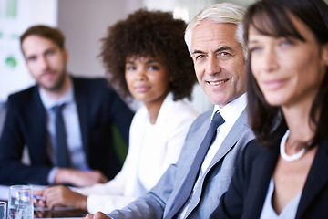 Image showing Portrait, man or executive in business, meeting or discussion of company, corporate or collaboration. Businessman, colleague or team in conference room as professional, teamwork or conversation