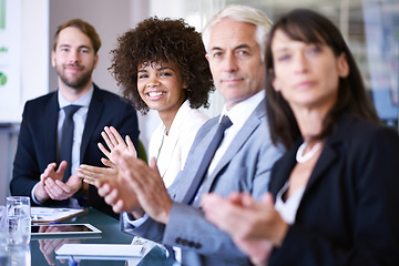Image showing Portrait, woman or clapping in business, workshop or meeting of company, corporate or training. Businesswoman, applause or team in conference room as professional, presentation or communication