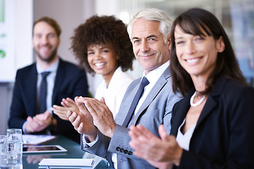 Image showing Portrait, people or clapping in business, workshop or meeting of company, corporate or training. Businesspeople, applause or smile in conference room as professional, presentation or communication
