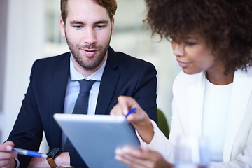 Image showing Business, meeting and brainstorming with diversity, tablet and technology in office. Businessman, woman and group for teamwork, planning and support for corporate discussion with staff or partnership