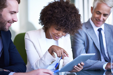 Image showing Business, meeting and coaching with diversity, tablet and technology in office. Businessman, woman and mentor with teamwork, planning and support for corporate brainstorming with staff or partnership