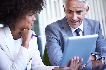 Image showing CEO, team and business people in discussion with tablet for teaching at internship in office. Manager, tech and senior mentor coaching happy woman, planning or diverse financial advisors in training