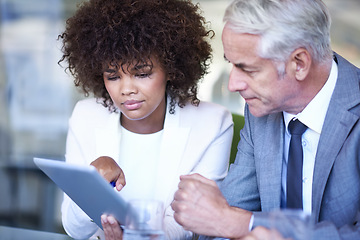 Image showing Manager, team and business people with tablet for discussion or meeting for internship in office. CEO, tech or senior mentor coaching serious woman, planning or diverse financial advisors in training