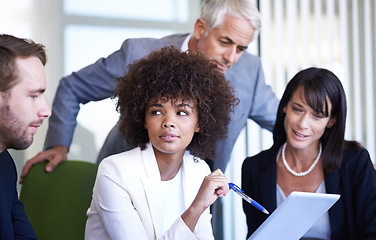 Image showing Team, tablet and business people planning, research and brainstorming online strategy in office. Collaboration, technology and diverse professional group, CEO and consultants in meeting together