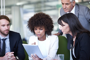 Image showing Group, tablet and business people in meeting, planning and brainstorming strategy in office. Collaboration, technology and diverse professional team, CEO and serious consultants in discussion online