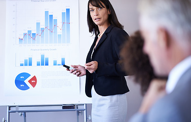 Image showing Business people, woman and presentation or conference on infographics with white board, financial statistics and sales. Meeting, employees or speaker with data analytics, graph report or revenue plan