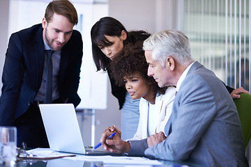 Image showing Business, coaching or discussion with diversity, laptop and technology in office. Businessman, woman and mentor for teamwork, planning or support for corporate brainstorming with staff or partnership