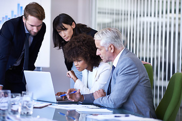 Image showing Business, strategy and discussion with diversity, laptop and technology in office. Businessman, woman and team for teamwork, planning and support for corporate brainstorming with staff or partnership