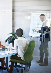 Image showing Meeting, presentation and businessman in office with whiteboard, stats or speaker at b2b workshop. Teamwork, discussion and business people in conference room brainstorming ideas, planning and review