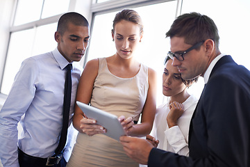 Image showing Business people, tablet and discussion on plan for project, office and collaboration on idea. Colleagues, teamwork and internet for online research, website and communication in workplace for support