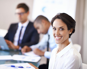 Image showing Meeting, portrait and woman in office with smile, confidence and opportunity at b2b workshop with stats. Teamwork, collaboration and happy face of businesswoman in conference room for business plan