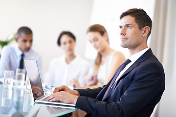 Image showing Businessman, thinking and office with laptop, corporate environment with online technology. Consultant, idea for teamwork collaboration, partnership and web search for administrator and employees