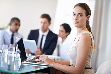 Image showing Businesswoman, thinking and office with laptop, corporate environment with online technology. Consultant, idea for teamwork collaboration, partnership and web search for administrator and employees