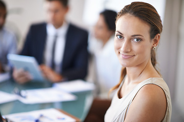 Image showing Meeting, portrait and businesswoman in office with smile, confidence and opportunity at b2b workshop with stats. Teamwork, collaboration and happy face of woman in conference room for business plan