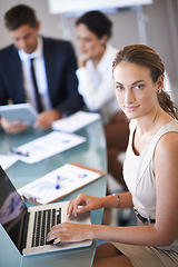 Image showing Businesswoman, laptop and chart in office portrait with employees, working with technology and statistic results. Online, data and analysis in boardroom with colleagues, web search and internet