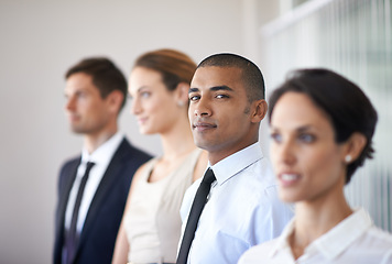 Image showing Row, portrait and man in group for meeting or job interview in corporate company and professional. Workshop, employee or male person with smile in conference of business for training of staff