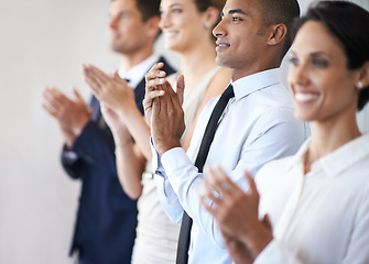 Image showing Diversity, coworker and clapping in office, professional celebration for presentation. Success, standing and applause with corporate businesspeople, team victory for winning in work environment