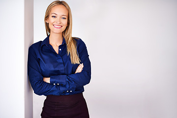 Image showing Mockup, portrait and businesswoman with smile, professional and confident with happiness. Female person, entrepreneur and career on white background with pride, positive attitude and joyful face