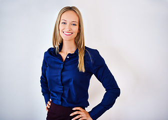 Image showing Portrait, business and smile with woman, startup and confident employee on a white studio background. Face, person and model with happiness and entrepreneur with stylish clothes and PR consultant
