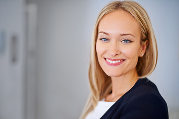 Image showing Professional, portrait and closeup of business woman in office, workspace or confident for corporate career with mockup space. Female person, employee or legal worker as lawyer, attorney or solicitor
