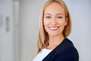 Image showing Smile, happy and portrait of business woman in office, workspace and confident for corporate career with mockup space. Female person, employee and legal worker as lawyer, attorney or solicitor