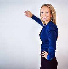 Image showing Mockup, businesswoman and professional in portrait for career, startup and confident employee on white studio background. Face, female person and happy as entrepreneur or corporate with smile