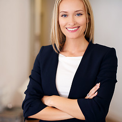 Image showing Corporate woman and smile with confidence at home for startup business and company as hr. Portrait, female person and happy or satisfied on career with growth, progress and job as entrepreneur